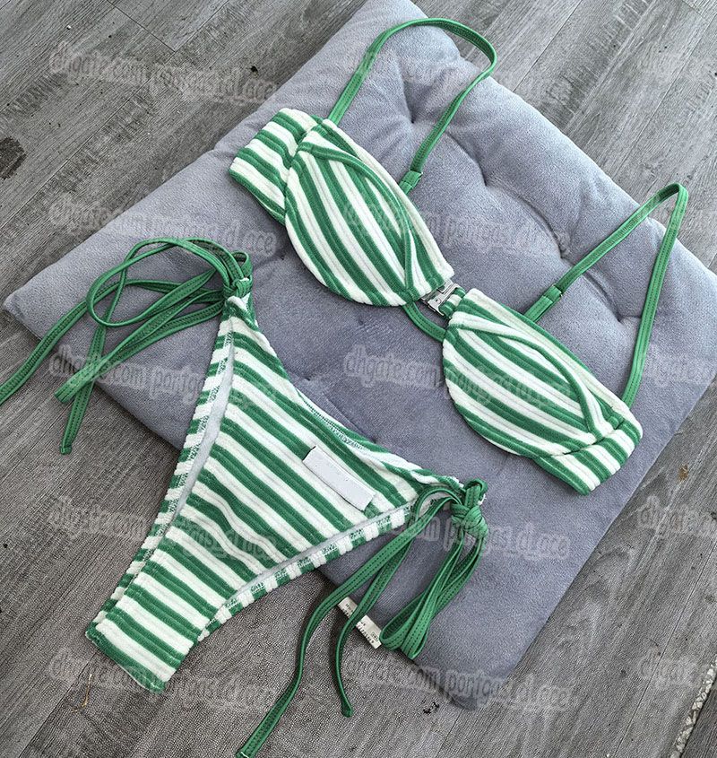 Designer Striped Triangle Bikinis Swimwear Brand Women Sexy Halter Cup Up Beach Swimsuit Luxury Summer Pool Party Tankinis Bathing Suit - 1 of 8