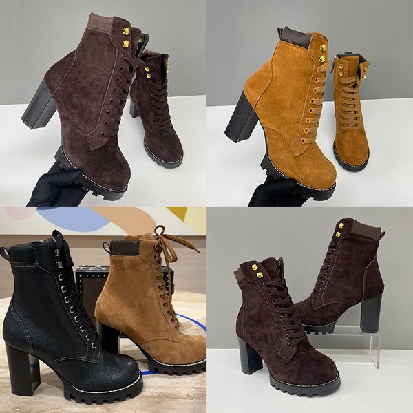 2026 Luxury Star Trail Ankle Boots Premium Women's Suede Calf Leather High-Heel Boot Camel Brown Chunky Block Heels Trendy Winter Footwear 1178 - Shoes & Accessories - djzhucl