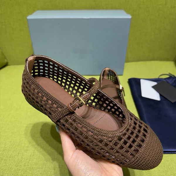 High Quality Crochet Ballet Flats Women Designer Knit Shoes Ladies Hollow Out Woven Mesh Flat Sandals Square Toe Metal Triangle Mary Jane Walking Shoes 1138 - Shoes & Accessories - djzhucl
