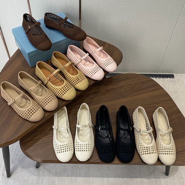 2026 Designer Crochet Knit Hollow Out Ballerina Flats Women Woven Mesh Mary Jane Shoes Triangle Breathable Adjustable Ankle Strap Casual Flat Pumps 1138 - Shoes & Accessories - djzhucl
