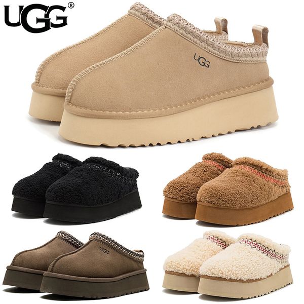UGG Women's Tazz Platform Slippers Suede Curly Shearling Tribal Stitch Trim Slip On Warm Fur Lined Indoor Outdoor Winter Mule Slides Multiple colors - Shoes & Accessories - djzhucl