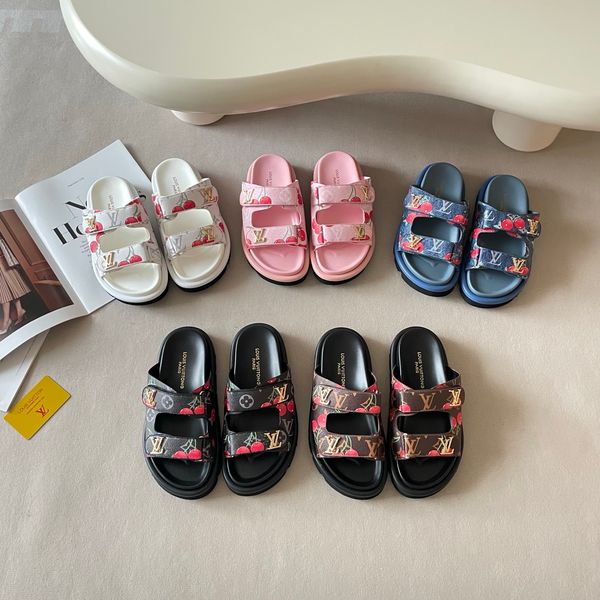 LV x TM Pool Pillow Flat Mule Cherry Print Platform Slide Sandals Women Adjustable Double Strap Metal Thick Sole Casual Outdoor Beach Couple Slippers Multiple colors - Shoes & Accessories - djzhucl