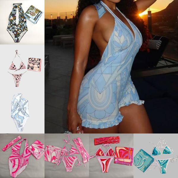 Mixed Prints Bikini Swimwear Headband Scarf Designer Women Sexy V Neck Swimsuits Sarong Skirt Halter Sleeveless Beachwear Beach Holiday Bathing Suits Swimsuit - Apparel - djzhucl