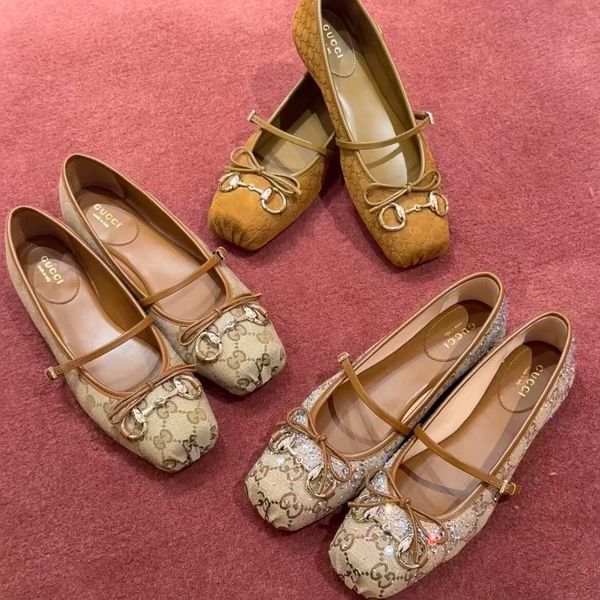 Horsebit Ballet Flat Shoes Designer Shoes Women Dress Fashion Luxury Suede Leather Stin Canvas Pig Nose Square Headbow Mary Jane Shoes - Shoes & Accessories - djzhucl