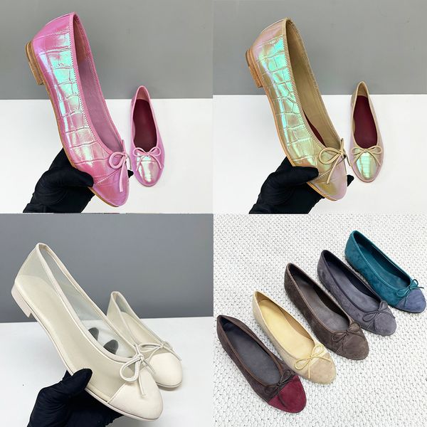 2026 Suede Ballet Flats Designer Loafers Women Iridescent Croc Embossed Ballerine Shoes Bow Sandals Fashion Mesh Dress Shoes Girls Boat Shoes 891 - Shoes & Accessories - djzhucl