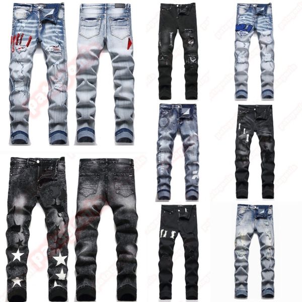 Mens Designer jeans Fashion Jeans European America Style Jean Streetwear Letter Embroidery Pants Patchwork Ripped For Motorcycle Pant Skinny Jeans - Apparel - djzhucl