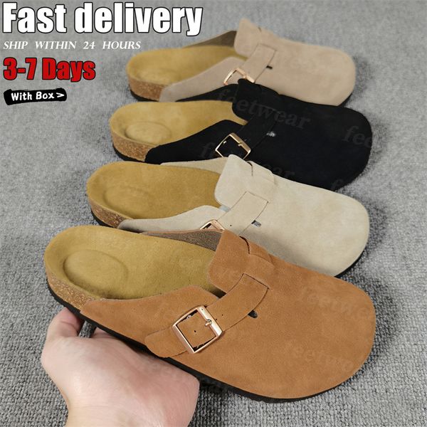 Designer Slides Slippers for Men Boston clog sandals Arizona Soft footbed Suede Sandals Summer Beach Flats Slipper chestnut Big Buckle Shearling Womens Mens Shoes - Shoes & Accessories - djzhucl